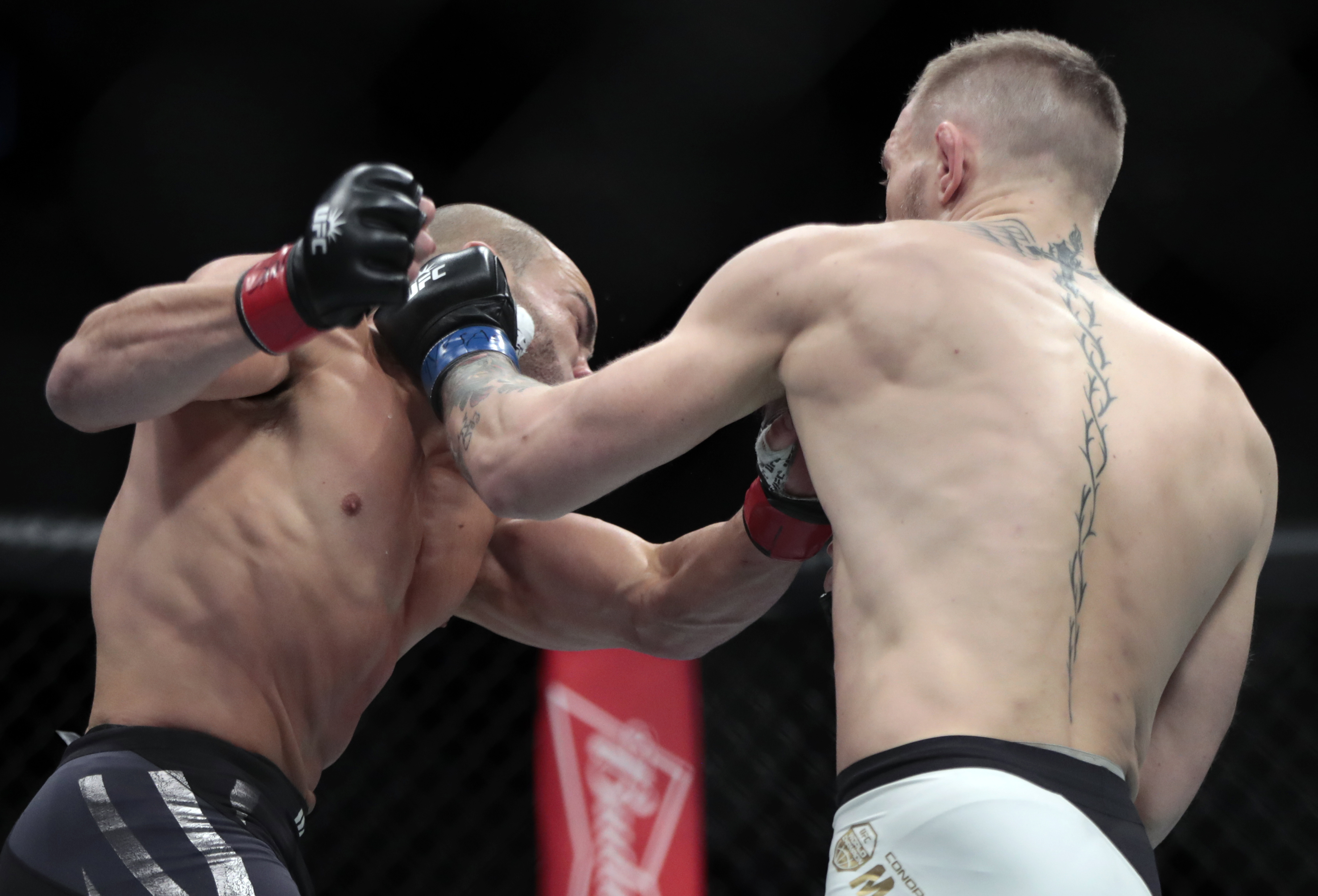 Conor McGregor, right, fights Eddie Alvarez during a lightweight title mixed martial arts bout at UFC 205, early Sunday, Nov. 13, 2016, at Madison Square Garden in New York. (AP Photo/Julio Cortez)